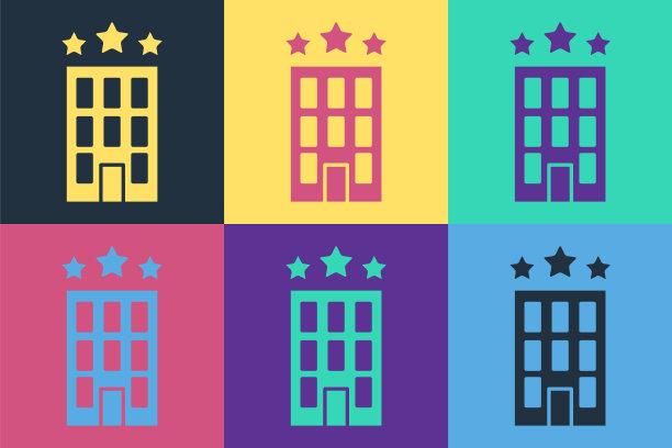 波普艺术酒店建筑图标孤立的颜色背景。向量图片下载