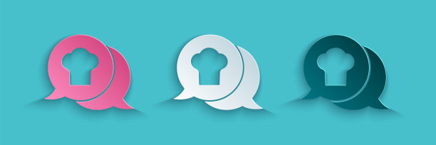 剪纸厨师帽在语音气泡图标孤立在蓝色背景。烹饪的象征。厨师的帽子。纸艺术风格。向量图片下载