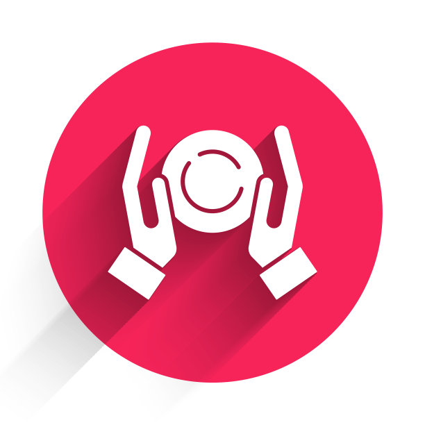 白色魔术球在手图标孤立与长影子。水晶球。红色圆圈按钮。向量图片下载