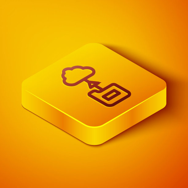 等距线云技术数据传输和存储图标隔离在橙色背景上。黄色正方形按钮。向量图片下载