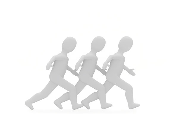 3d插画上的白种人正在奔跑，三个白种人匆匆孤立在一起图片下载