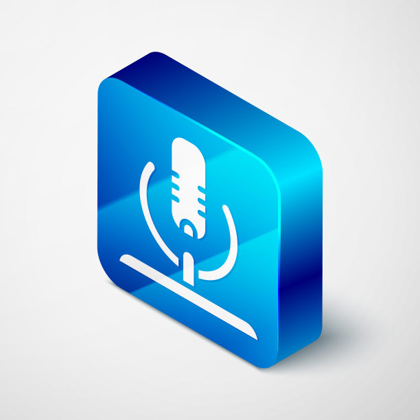 等距麦克风图标孤立在灰色背景。在空中无线电麦克风麦克风。演讲者的迹象。蓝色方块按钮。向量图片下载