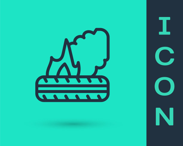 黑线躺着燃烧的轮胎图标孤立在绿色背景上。向量图片下载