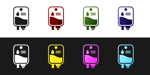 设置IV袋图标隔离在黑色和白色的背景。血包。献血的概念。治疗和化疗的概念。向量图片下载