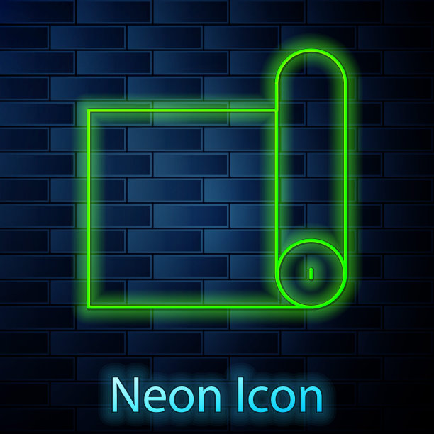 霓虹灯线健身垫卷图标孤立在砖墙背景上。瑜伽垫。运动设备。向量图片下载