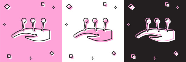 设置针灸疗法手图标孤立在粉红色和白色，黑色背景。中药。整体疼痛管理治疗。向量图片下载