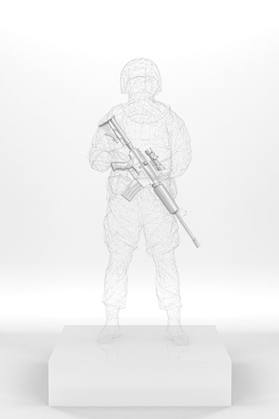 一个士兵的雕像。由透明线框制成的陆军士兵雕像站在一个盒子上，拿着一支步枪，与白色隔离图片下载