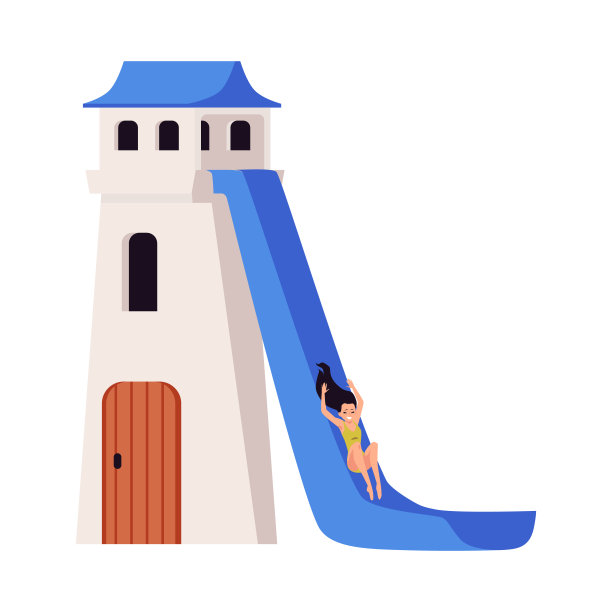 水滑梯在水公园与儿童人物平面矢量插图孤立。图片下载
