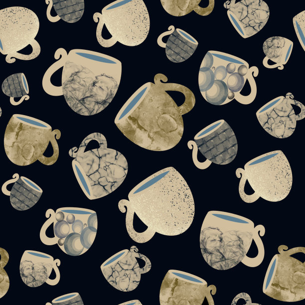 大理石和陶瓷金杯无缝图案。手绘插图。时尚背景为厨房配件设计，餐巾纸，毛巾，纺织品图片下载