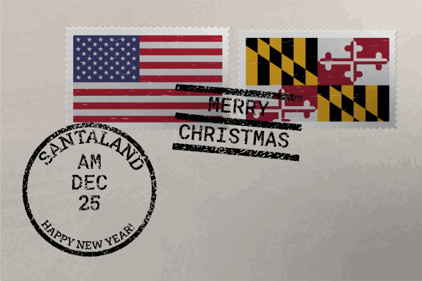 邮票信封与马里兰和美国国旗，圣诞和新年邮票，矢量图片下载
