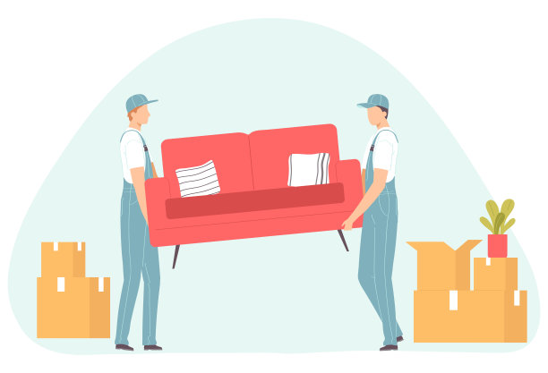 穿着制服的工人搬运沙发。人造房屋或家庭公寓室内装修。卡通扁人建筑性格。矢量插图。图片下载