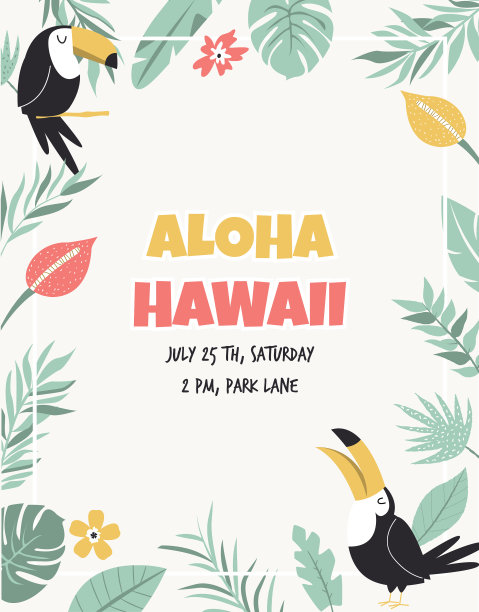 夏威夷卡片，巨嘴鸟花和棕榈图片下载
