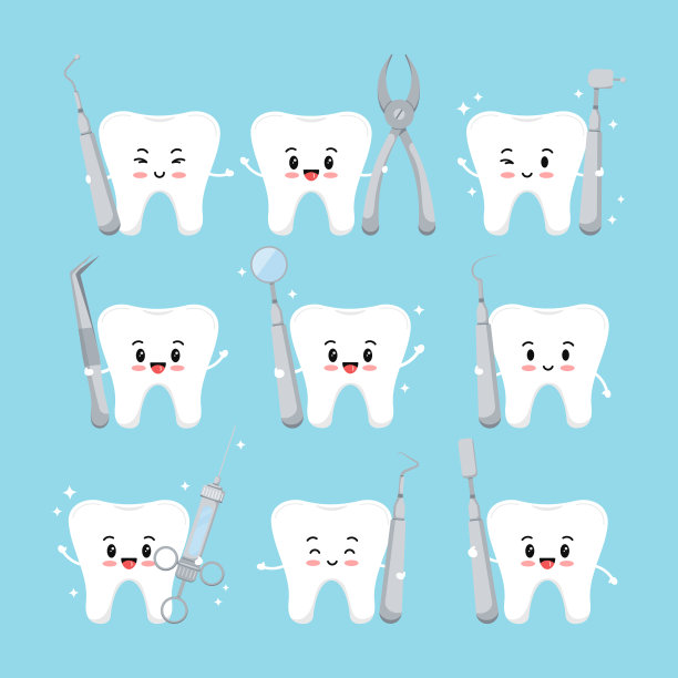 可爱的牙齿与牙科工具图标设置隔离图片下载