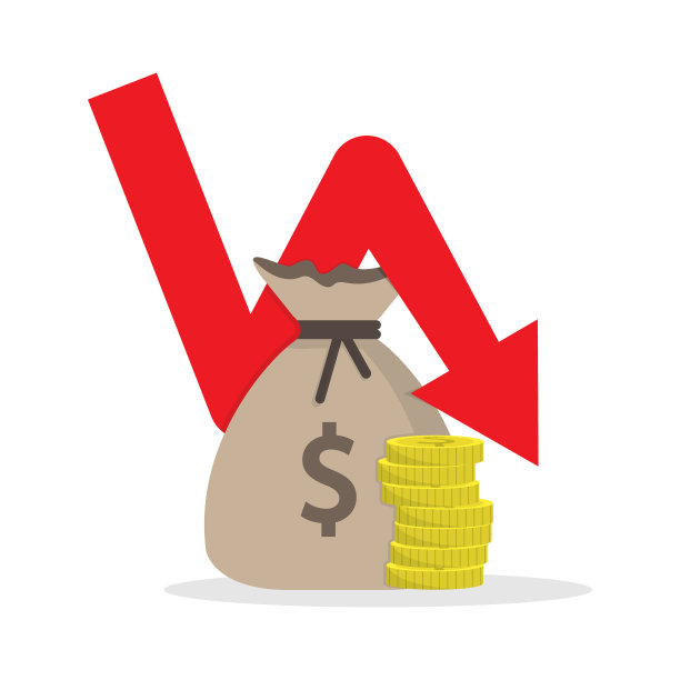 袋子和一个堆叠的硬币用一个向下的箭头简单图片下载