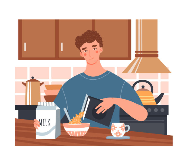 一个年轻人吃着健康的麦片早餐图片下载