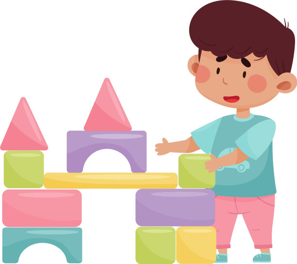 兴高采烈的男孩扛着积木建塔图片下载