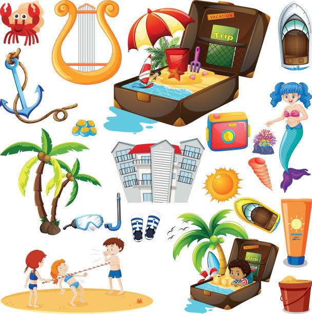 设置夏季海滩图标和儿童卡通风格图片下载