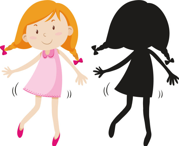 快乐的女孩穿着可爱的裙子与它的轮廓图片下载