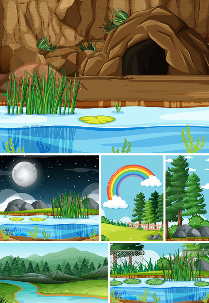 六个不同的场景在自然背景卡通图片下载