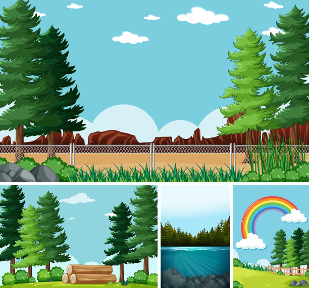 四个不同的场景在自然背景卡通图片下载
