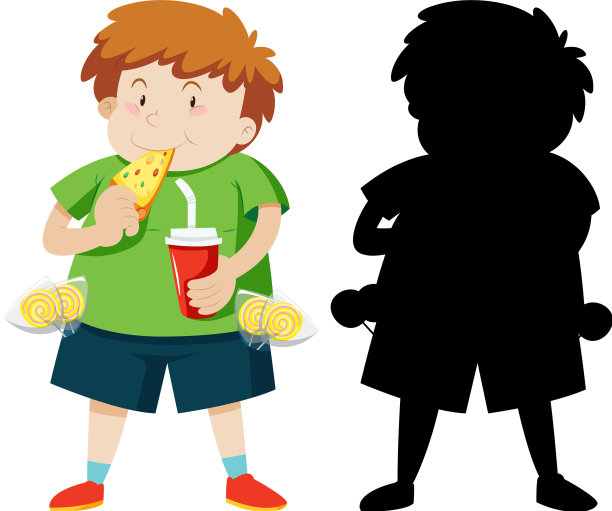 可爱的胖男孩吃着颜色和轮廓的披萨图片下载