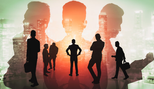 以城市为背景，塑造了众多商业人士聚在一起的抽象形象图片下载