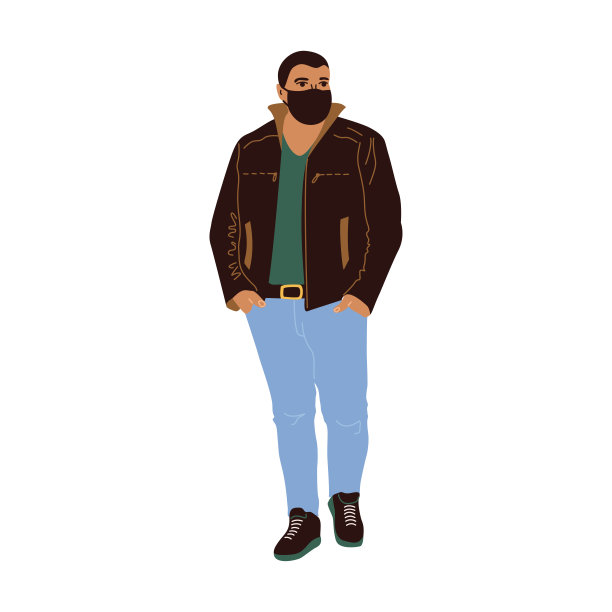 一个穿着夹克和牛仔裤的男人戴着面具的插图图片下载