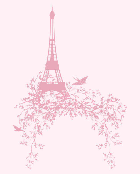 春季埃菲尔铁塔的矢量剪影与樱花和飞鸟图片下载