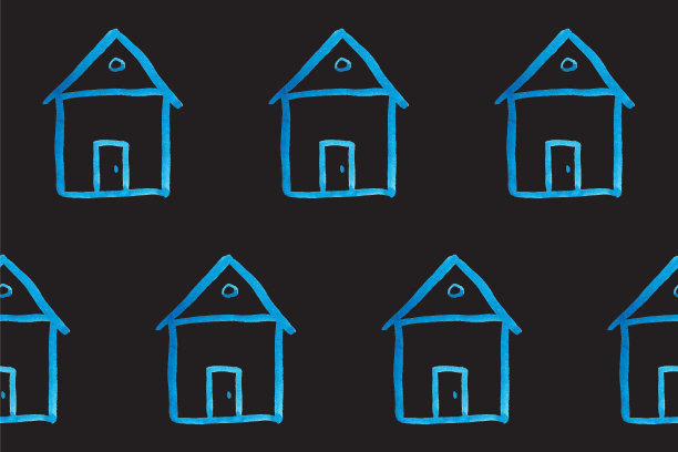 无缝模式与蓝色房子图标上的黑色背板。卡通风格的婴儿插图。建筑，建设，村庄，主页。创意儿童城市织物，包装或纺织品的纹理图片下载