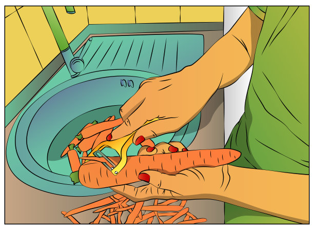 女人的手为烹饪削胡萝卜。图片下载