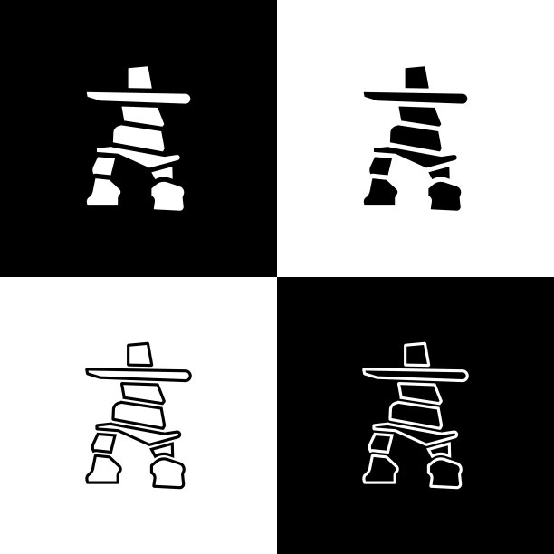 设置Inukshuk图标隔离在黑色和白色背景。向量图片下载