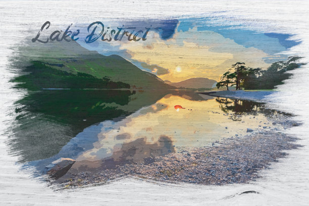 黄昏时分的湖区水彩画图片下载