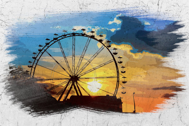 夏日游乐场日落，水彩画图片下载