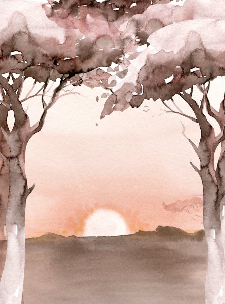 水彩画景观:非洲沙漠日出。用金合欢树手绘自然景观。美丽的狩猎现场婚礼邀请预先制作的卡片设计图片下载