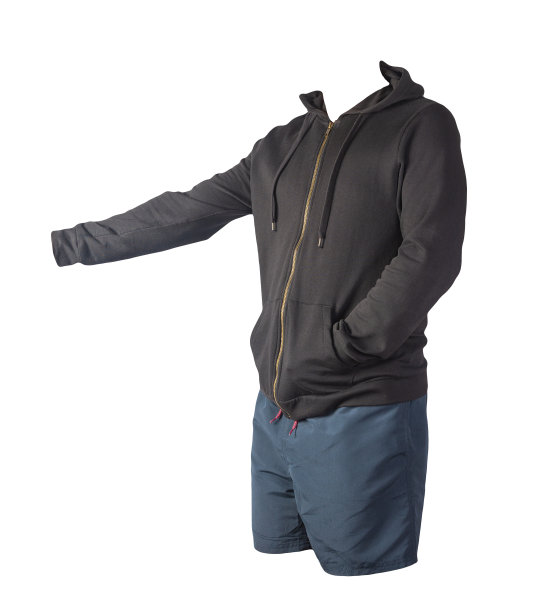 带有兜帽的熨斗拉链的运动衫和孤立在白色背景上的运动短裤。休闲运动服装图片下载