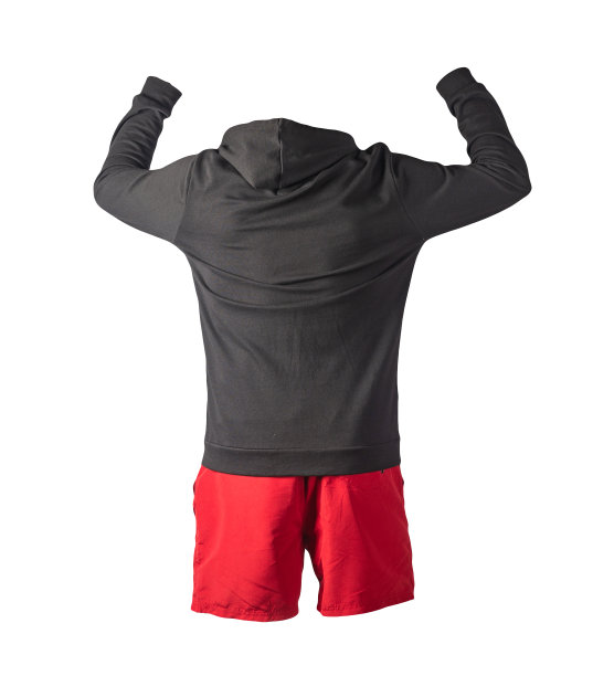 带有兜帽的熨斗拉链的运动衫和孤立在白色背景上的运动短裤。休闲运动服装图片下载