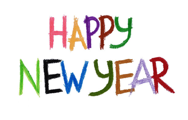 新年快乐文字手写蜡笔油彩孤立在白色背景图片下载