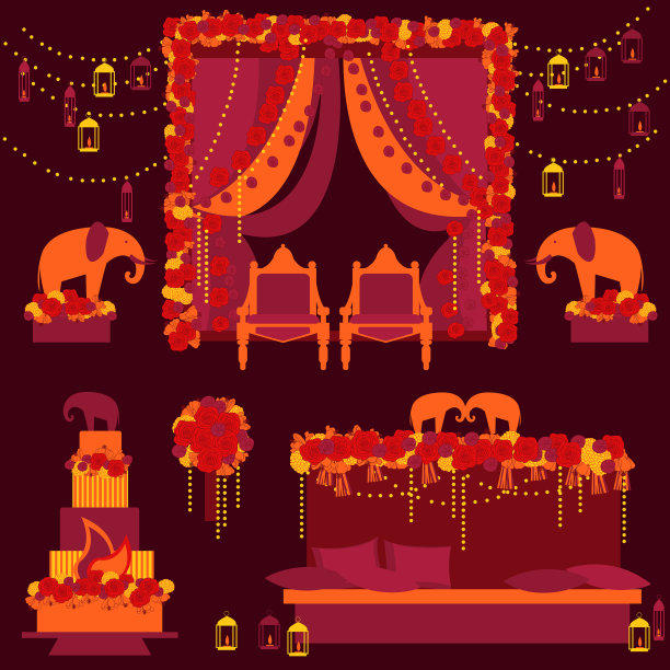 印度婚礼上有花拱门的婚礼蛋糕图片下载