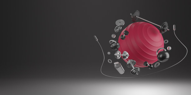 运动健身器材:红色瑜伽健身球、瓶装水、哑铃、跳绳、黑色背景杠铃。3 d渲染。图片下载