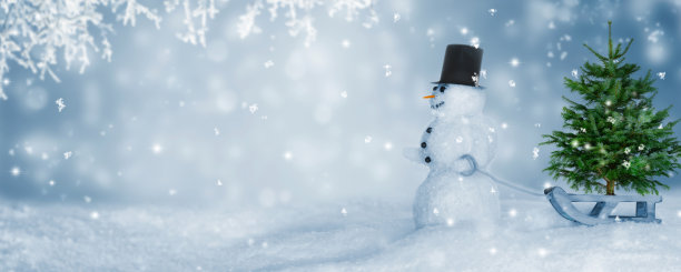 雪人用冷杉树放在木制的雪橇上，冬日田园牧歌为圣诞贺卡的概念，复制空间上抽象模糊的圣诞背景图片下载