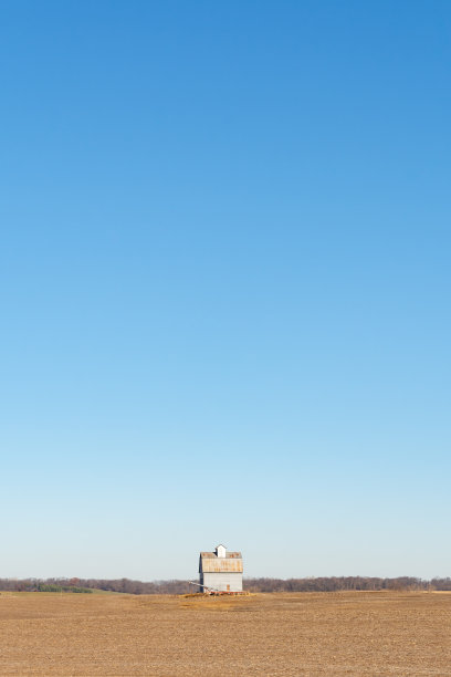 孤立的玉米谷仓，在一个贫瘠的冬季景观。伊利诺斯州,美国。图片下载