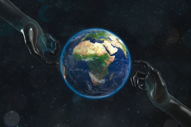 从太空看地球全球通信网络。5g LTE移动网络，全球WiFi连接，物联网技术或区块链金融科技股票图片。空间中的地球与几何网络、多边形图形和连接线。库存图片图片下载