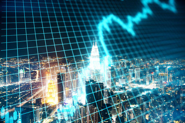 增长股票图表与数字网格在夜晚城市的背景。图片下载