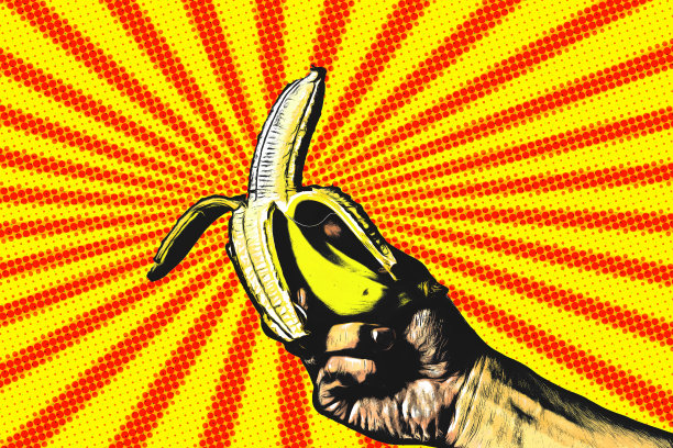 复古波普艺术海报。男人的手握着一根香蕉。图片下载