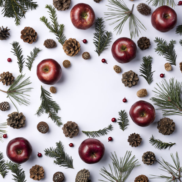 以冷杉、苹果、树枝和松果为背景的创意圣诞布局图片下载