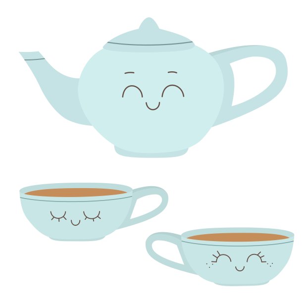 卡通茶壶和滑稽脸的杯子。可爱的茶具。图片下载