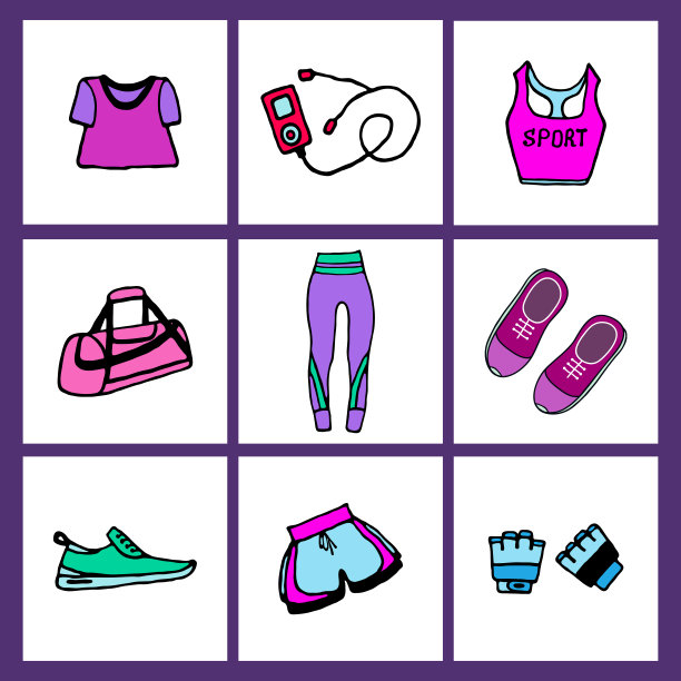 运动器材和健身服装在一个孤立的背景。涂鸦绘画风格。图片下载