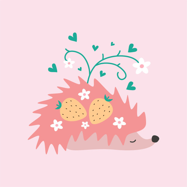 可爱的粉红色刺猬，黄色的草莓，白色的花和绿色的心在粉红色的背景。图片下载