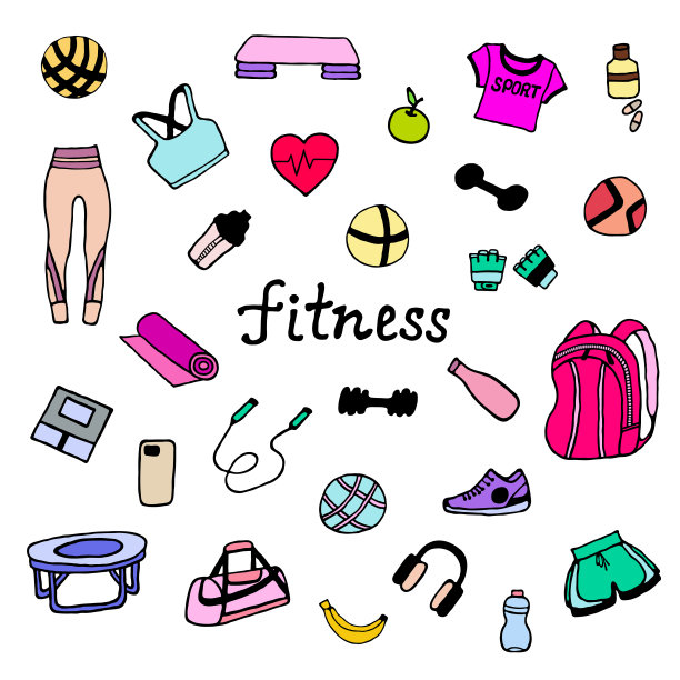 一组健身元素绘制在涂鸦风格。图片下载