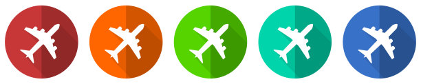 飞行图标设置，飞机，飞机，红色，蓝色，绿色和橙色平面设计网页按钮隔离在白色背景，矢量插图图片下载